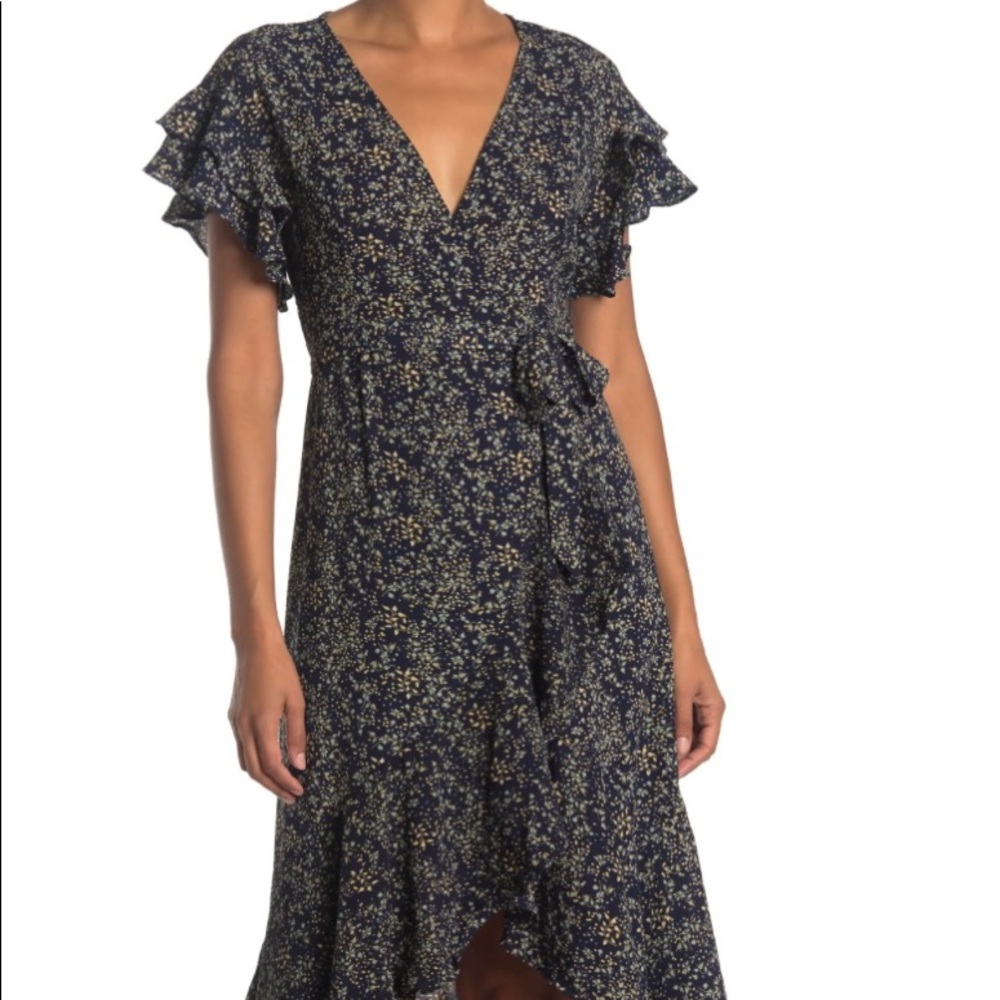 Ruffle Crepe High/Low Wrap Dress